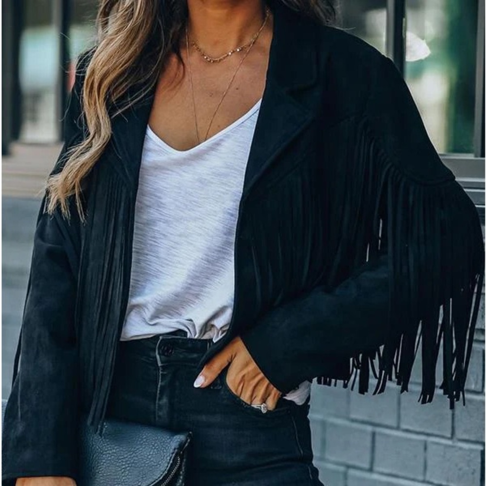 Black Women's Fringe Faux Suede boho Tassel blazer jacket